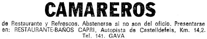 Anuncio del restaurante-balneario Capri de Gav Mar publicado en el diario La Vanguardia el 4 de Junio de 1970 buscando camareros